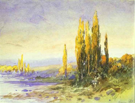 "Lombardy Poplars on the Bank of a Lake" by Fyodor Vasilyev (1850–1873) Russian Landscape Painter