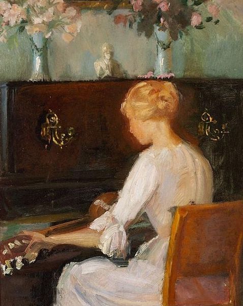  Young Woman Playing a Guitar Before a Piano by Anna Ancher
